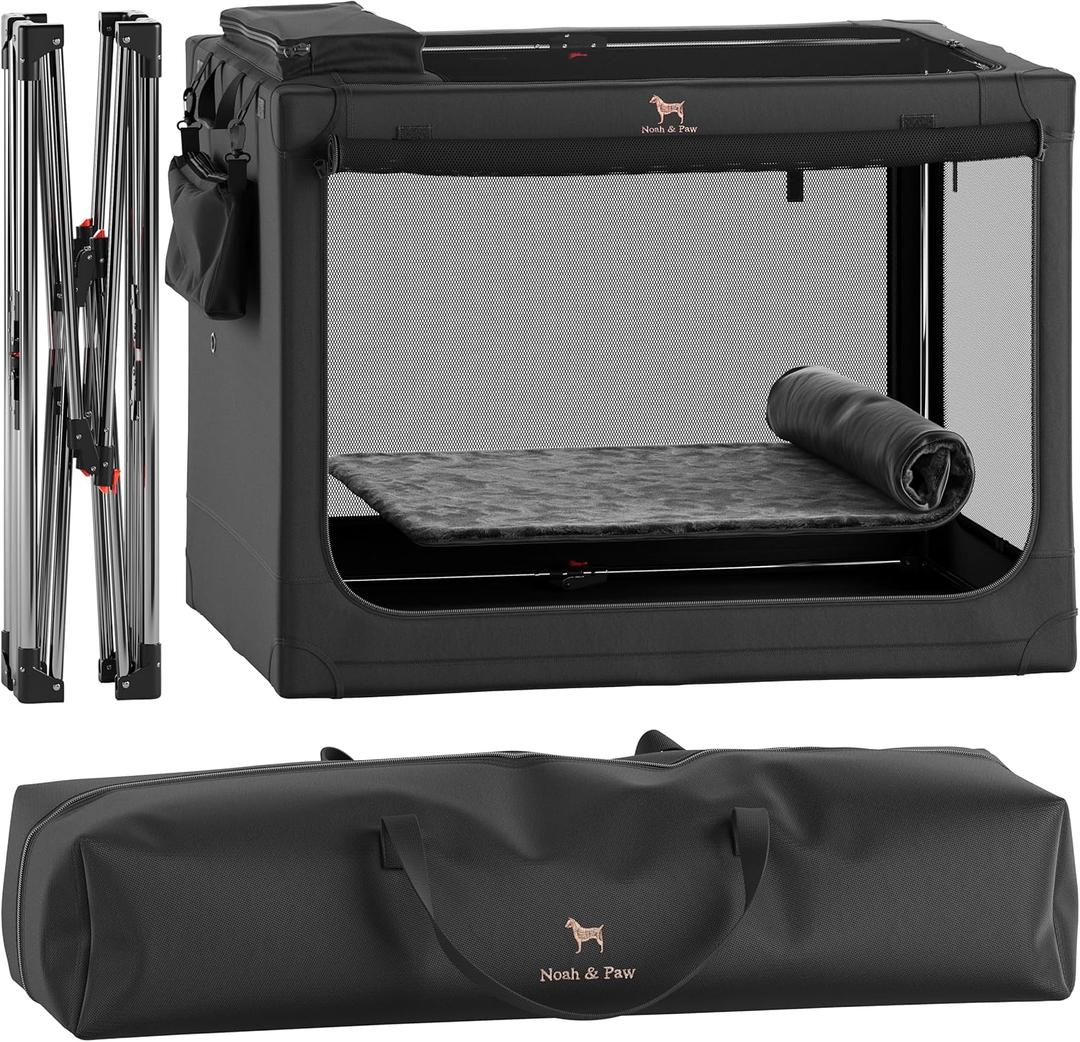 Noah & Paw Collapsible Dog Crate 42 Inch, XXL Dog Crate for XXL, XL, Large Breeds, Travel Kennel for Car, Includes Pet Mat for Pet Cage, 2 Storage Pockets, Handbag, 10mm Locking Zippers 42 * 31 * 31 (Black)