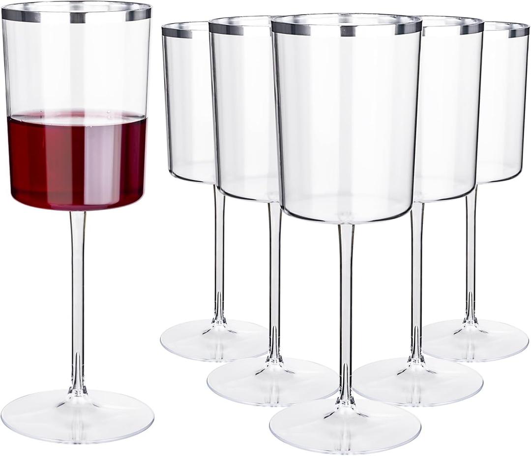 12 Pack Plastic Wine Glasses - 10 Oz Plastic Wine Glasses with Stem - Square Silver Disposable Stemmed Glass for Parties & Weddings & Outdoors