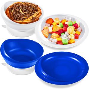 Hushee 2 Sets Adaptive Spill Proof Scoop Bowl and Plate Set with Suction Base Non Skid Self Feed Suction Dinnerware for Elderly Disabled Handicapped from Parkinsons Tremor (White and Blue)