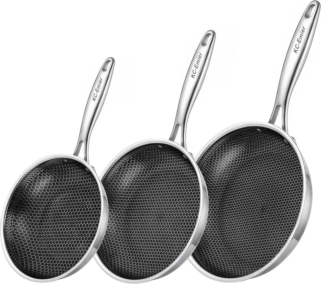8/10/12 Inch Non-Stick Frying Pan Set Tri-Ply Stainless Steel Pan with Stay-Cool Handle Oven & Dishwasher Safe For Induction, Ceramic & Gas Stovetops
