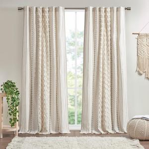 INK+IVY Boho Curtains for Bedroom & Living Room, 100% Cotton Tufted Chenille Stripe Modern Farmhouse Curtains, Light Filtering Drapes, 50" x 95", Ivory