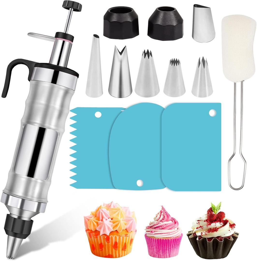 Dessert Decorating Syringe Set Frosting Piping Kit Stainless Steels Cake Decorating Tool 6 Russian Piping Icing Nozzles Cream Scraper Cupcake Frosting Filling Injector Cake Icing Tools (Black)