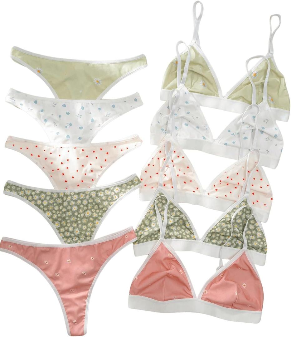 BEAUDRM Women's 5 Sets Matching Bra and Panty Set Polka Dots Print Lingerie Set Triangle Bralettes and Low Rise Thong Set, XS