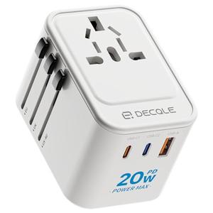 decqle Universal Travel Adapter, International Travel Plug Adapter with 2 USB-C(PD 20W) ＆ 1 USB-A Ports, All in One Portable Adaptor, for USA, UK, EU, AU ＆ 224+ Countries (White) US