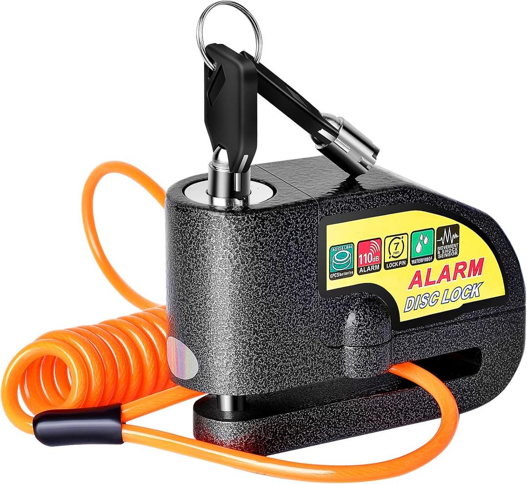 Motorcycle Alarm Disc Brake Lock, Motorcycle Locks Anti-Theft Security Wheel Disc Lock Waterproof 110dB Alarm Sound with 5ft Reminder Cable Keys and Carry Pouch for Motorbike Bike Scooter (Black)