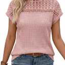 Dokotoo Women's Tops Casual Scoop Neck Short Sleeve Waffle Knit Hollow Out Shirts Loose Tunic Tops Blouses (Pink, XL)