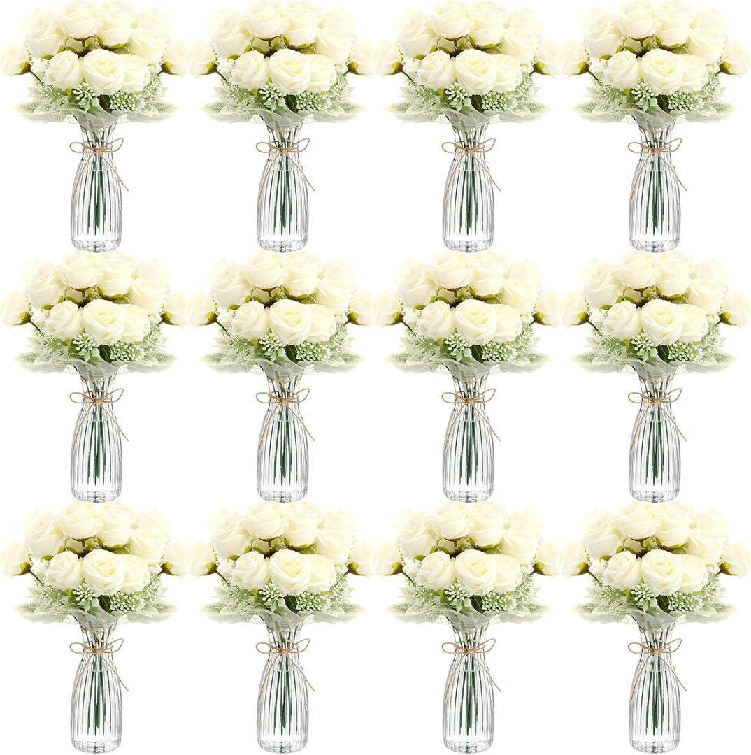 Zeyune 36 Pack Artificial Flowers Centerpiece with Vase Bulk for Wedding Table 24 Bundles Silk Floral Faux Rose Bouquet with 12 Plastic Vase for Bridal Shower Table Decor(White)