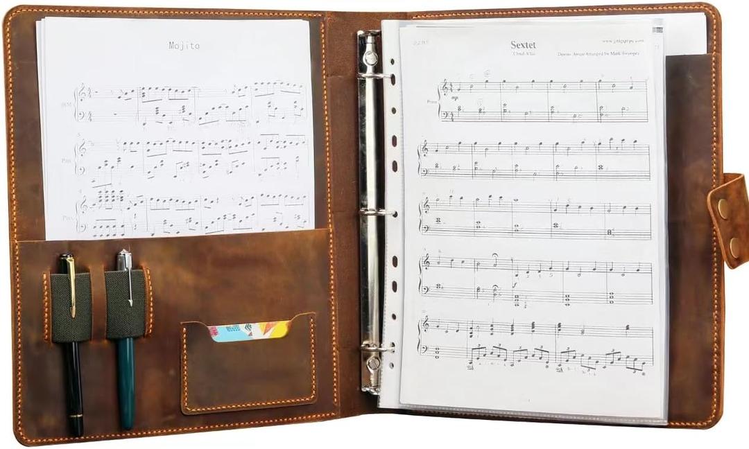 Handmade Leather Sheet Music Binder,Personalized Vintage Leather Music Organizer Cover,Full Grain Leather Concert Choir Music Folder for Band Z05-LMF05S, Brown