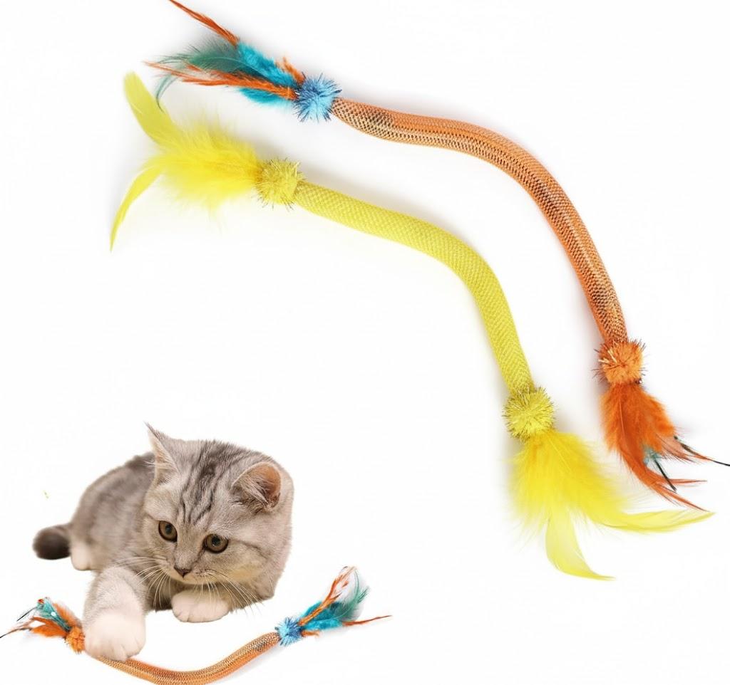Cat Toys for Indoor Cats  2 Pack Feather Toys with Pom-Pom & Bells, 19.5 Inch Teething Cat Toys Bundle for Chew, Cat Spiral Spring, Kitten Teething Toys (Multi-Color)