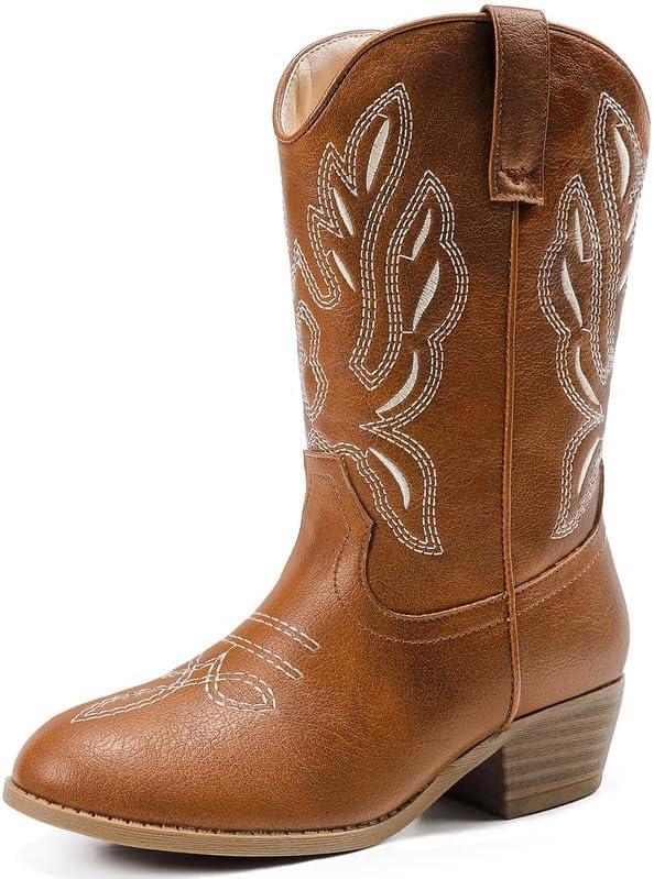 Cowgirl Boots for Little Girls Mid Calf Pointed Toe Kid Cowboy Boots Side Zipper Classic Embroidered Western Boots Horse Riding Shoes Party for Toddler Little Big Kids (Reddish Brown), Size: 5 Big Kid