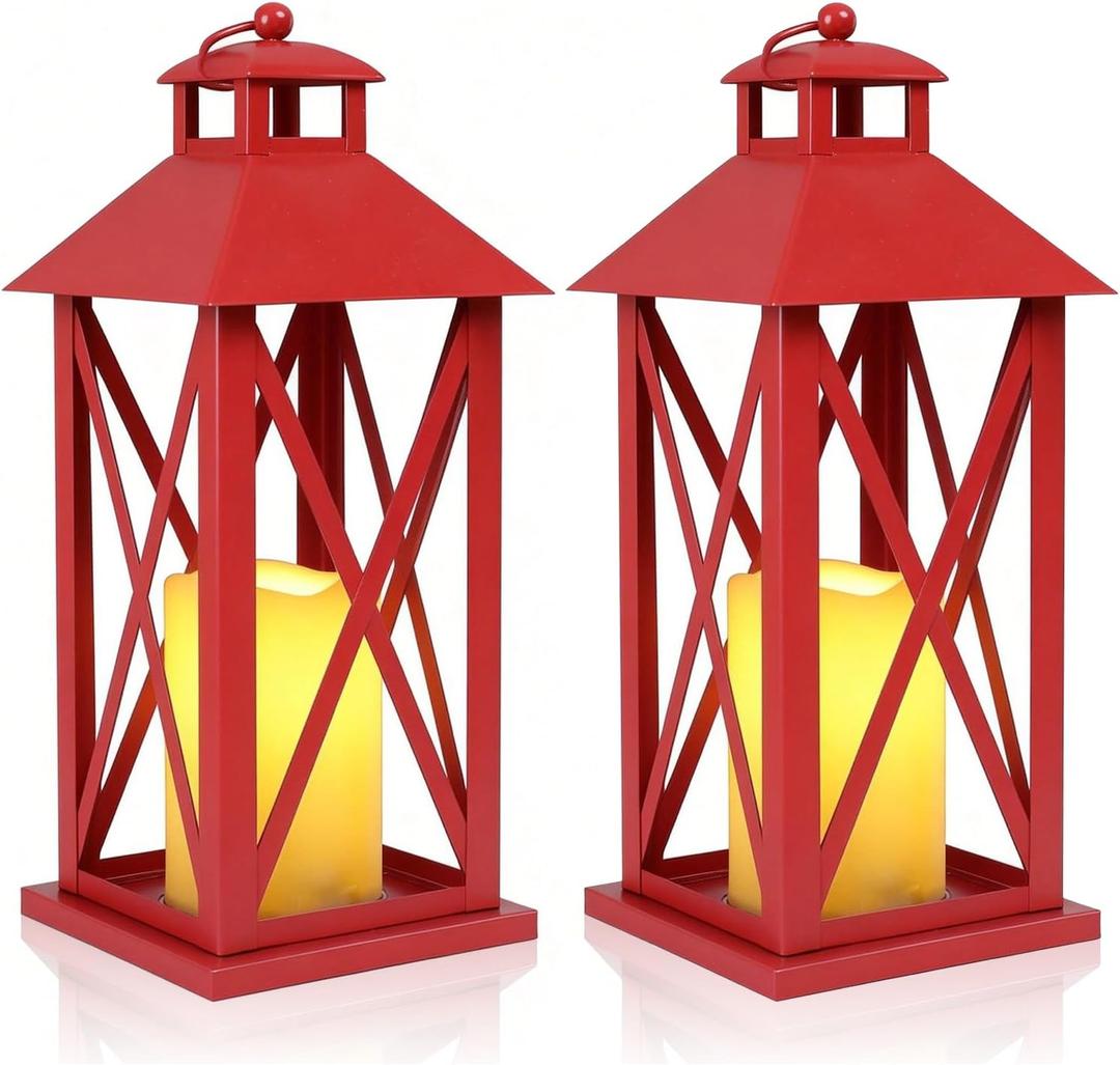 Decorative Lanterns Outdoor Candle Lantern 13.5" Waterproof Battery Powered LED Hanging Lanterns with Flameless Candle for Front Porch, Entrance, Indoor, 2 Pack