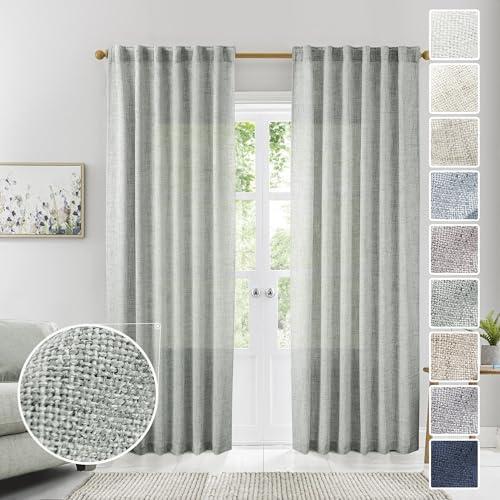 MEETBILY Grey Green Linen Curtains, 96 Inches Long, 2 Panels - Natural Linen Blended Farmhouse Drapes for Living Room, Modern Minimalist Green Semi Sheer Curtains for Bedroom/Home Office