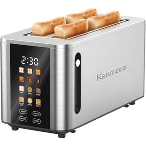 Kenmore 4-Slice Digital Touchscreen Toaster - 1400W Stainless Steel, Wide Slots 6 Shade Settings, Bread Presets, Countdown Timer, Reheat & Defrost Functions Compact Countertop Design tostadora digital (Silver)