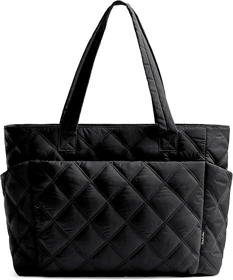 Uselike Tote Bag for Women, Lightweight Puffy Tote Bag with Compartments Shoulder Bag Handbag for Travel, Work, Gym, Black