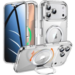 Privacy Case for iPhone 17 Pro with 360Stand [Built-in Anti Peeping Screen Protector] [Magnetic Ring ] Full Body Protective Phone 17Pro Cover 6.3", Clear