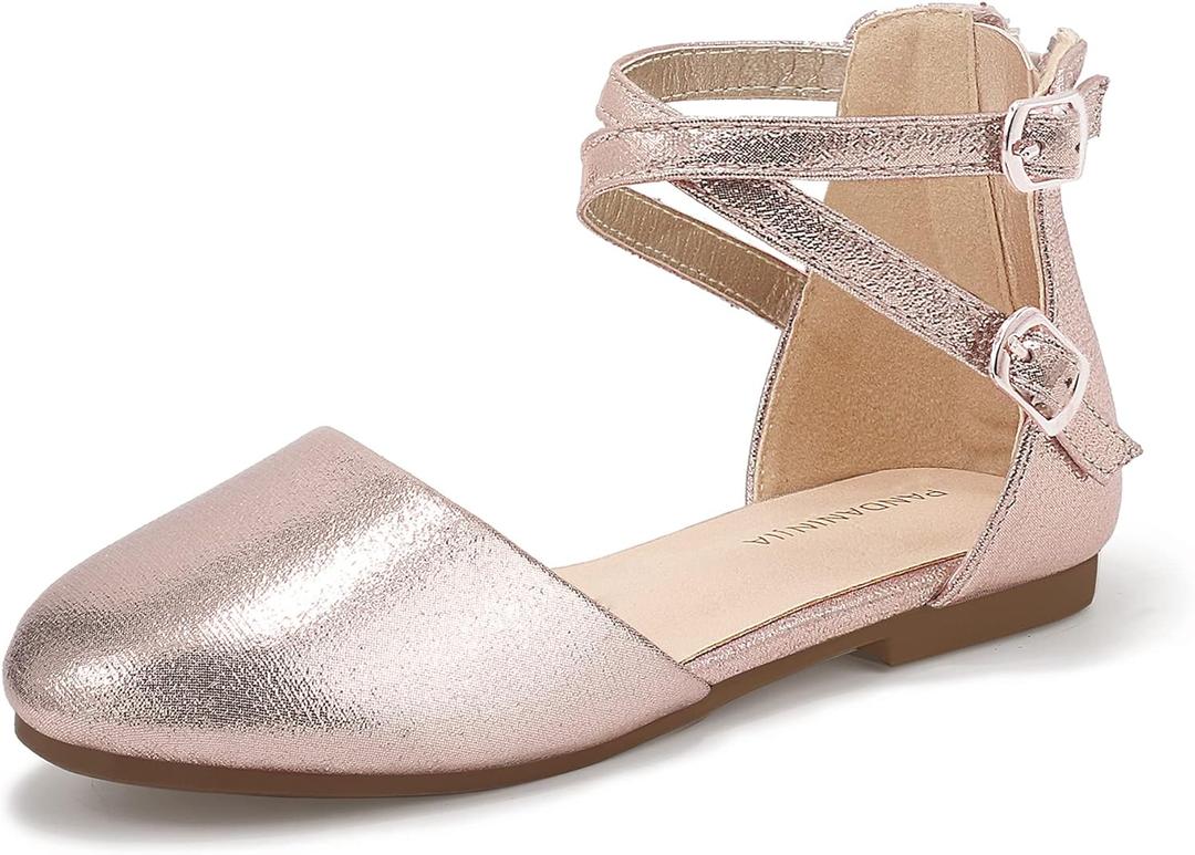 PANDANINJIA Girls Dress Shoes Flats Wedding Party School Toddler Little Kids Ankle Strap Ballet Flats Sandals (Rose Gold), US 13 Little Kid