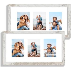 10x20 Picture Frame Set of 2, Distressed White Wood Frame with Real Glass Collage Frame, Display Pictures Three 5x7 With Mat or 10 x 20 Without Mat - Horizontal or Vertical Wall Mounting