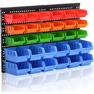 Wall Mounted Storage Bins Parts Rack 4 Colors Garage Plastic Shop Tool Organizer, ABS Plastic Garage Rack, Screw Storage 30 Bins (25.2inch*16.2inch)