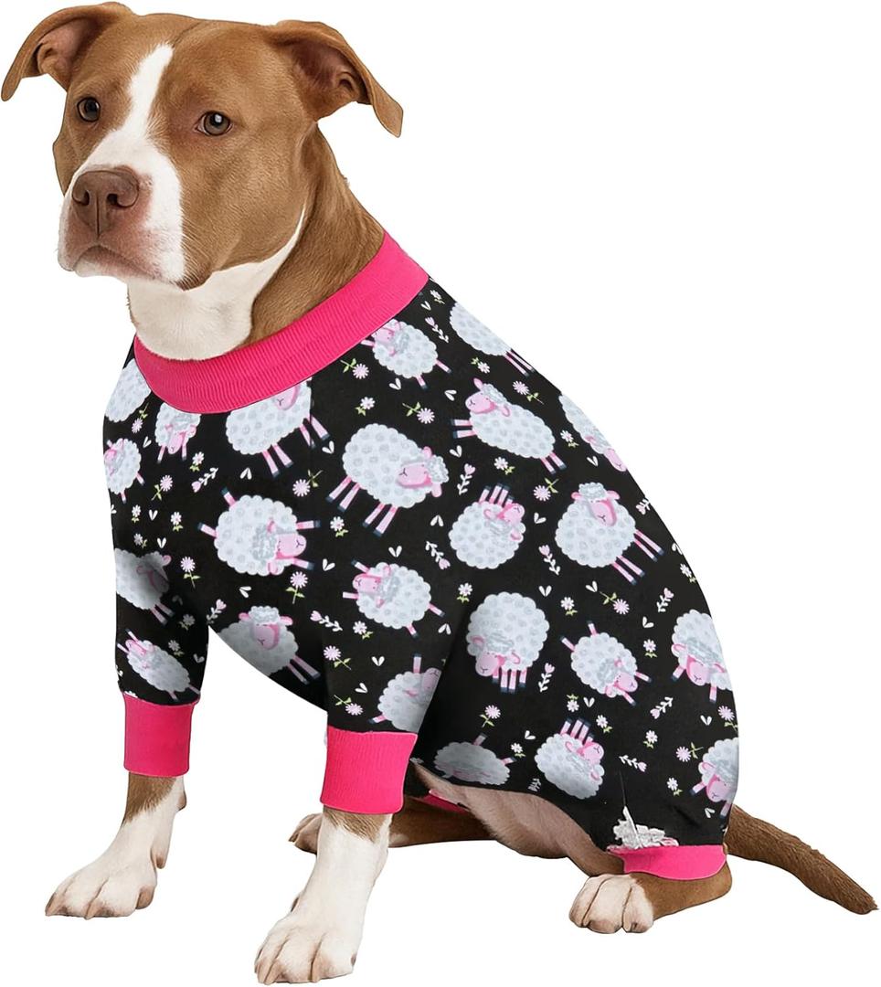 LovinPet Dog Onesie XL - Anxiety Calming Dog Jumpsuit, Lightweight Onesie, Black Sheep Print, Large Dog Pjs, Long Sleeve Pullover for Dogs/XL