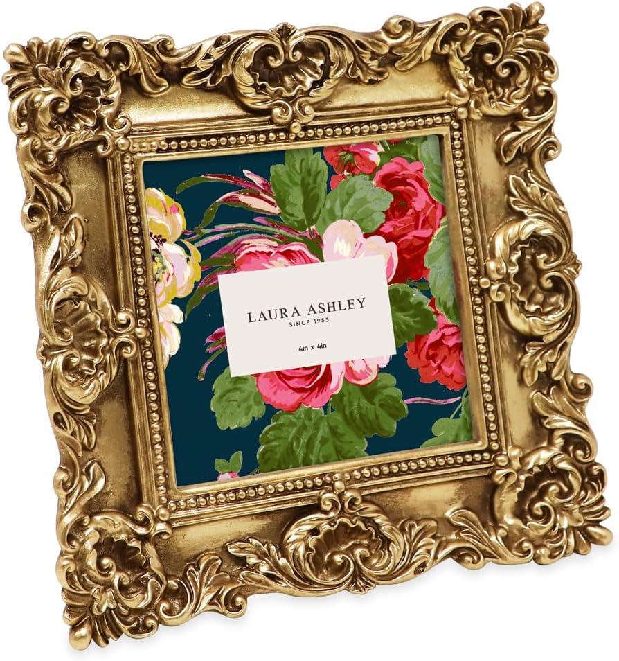 Laura Ashley 4x4 Gold Ornate Textured Hand-Crafted Resin Picture Frame with Easel & Hook for Tabletop & Wall Display, Decorative Floral Design Home Decor, Photo Gallery, Art, More (4x4, Gold)