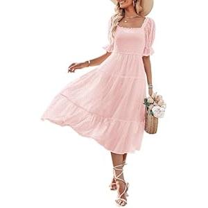 MEROKEETY Women's Summer Square Neck Puff Sleeve Boho Midi Dress Swiss Dot Ruffle Flowy Tie Back Dress (Large, Pink)