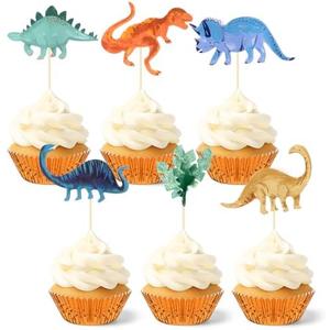 Honeydak 48 Pcs Watercolor Dinosaur Cupcake Toppers Kit 24 Dino Cake Topper Picks and 24 Foil Cupcake Liners Cute Dinosaur Cake Decoration for Jurassic Dino Theme Baby Shower Birthday Party Decor