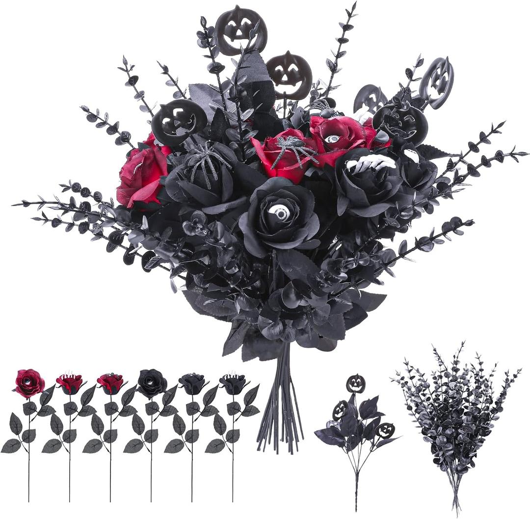 18 Pcs Halloween Flowers Bouquet with 28 Black Eucalyptus Stems and 2 Realistic Pumpkin Stems, Blood Black Red Silk Gothic Rose for DIY Haunted House Decor, Witchy Centerpiece