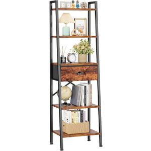 Furologee 5 Tier Ladder Shelf, Tall and Narrow Bookshelf with Drawer,Standing Bookcase Units, Industrial Open Display Shelves Organizer for Bathroom,Kitchen,Bedroom,Living Room,Rustic Brown