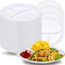 Umigy 100 Pcs 10 Inch 3 Compartments Divided Plastic Plates Bulk Colorful Disposable Heavy Duty Round Dinnerware for Valentine's Day Wedding Birthday Party(White)