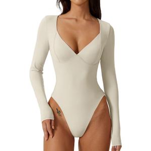 QINSEN Women's Long Sleeve Bodysuit V Neck Body Suits Seamed Cup Going Out Tops Shirt (Beige, L)