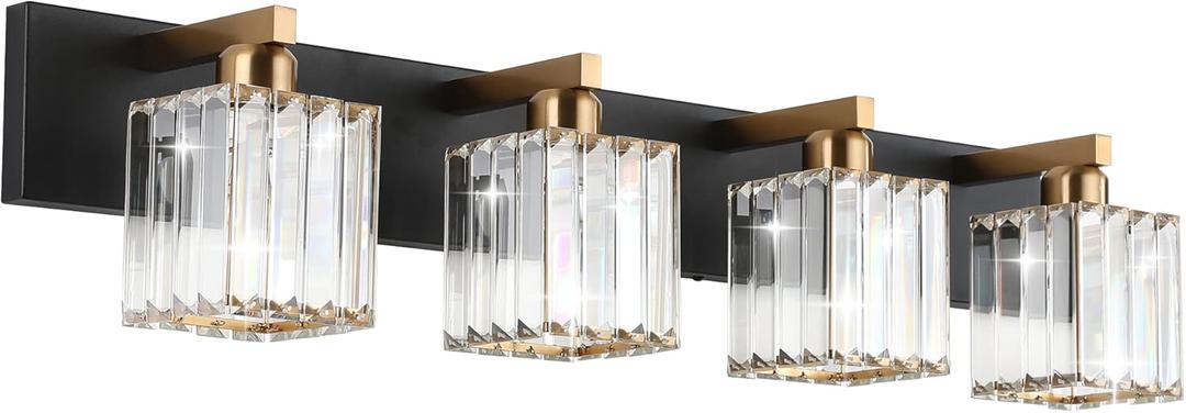 Aipsun Bathroom Vanity Light Fixtures Crystal Vanity Light for Bathroom 4 Light Modern Vanity Lighting (Exclude Bulb) (32 inch, Black Gold)