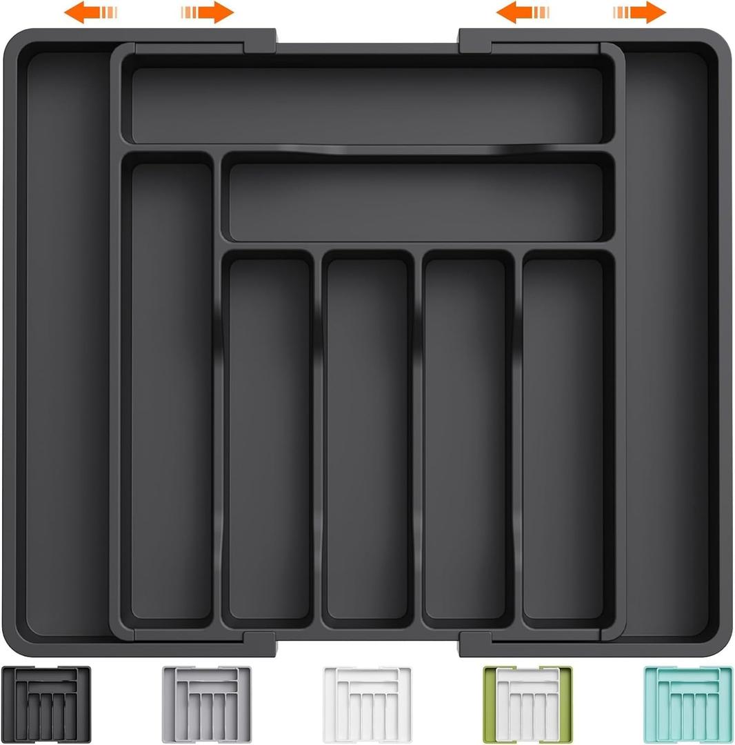 Silverware Organizer - Expandable Kitchen Drawer Organizer, Adjustable Utensil Organizer, Cutlery Drawer Organizer for Forks, Knives, Multipurpose Kitchen Organizers and Storage Solution, Black