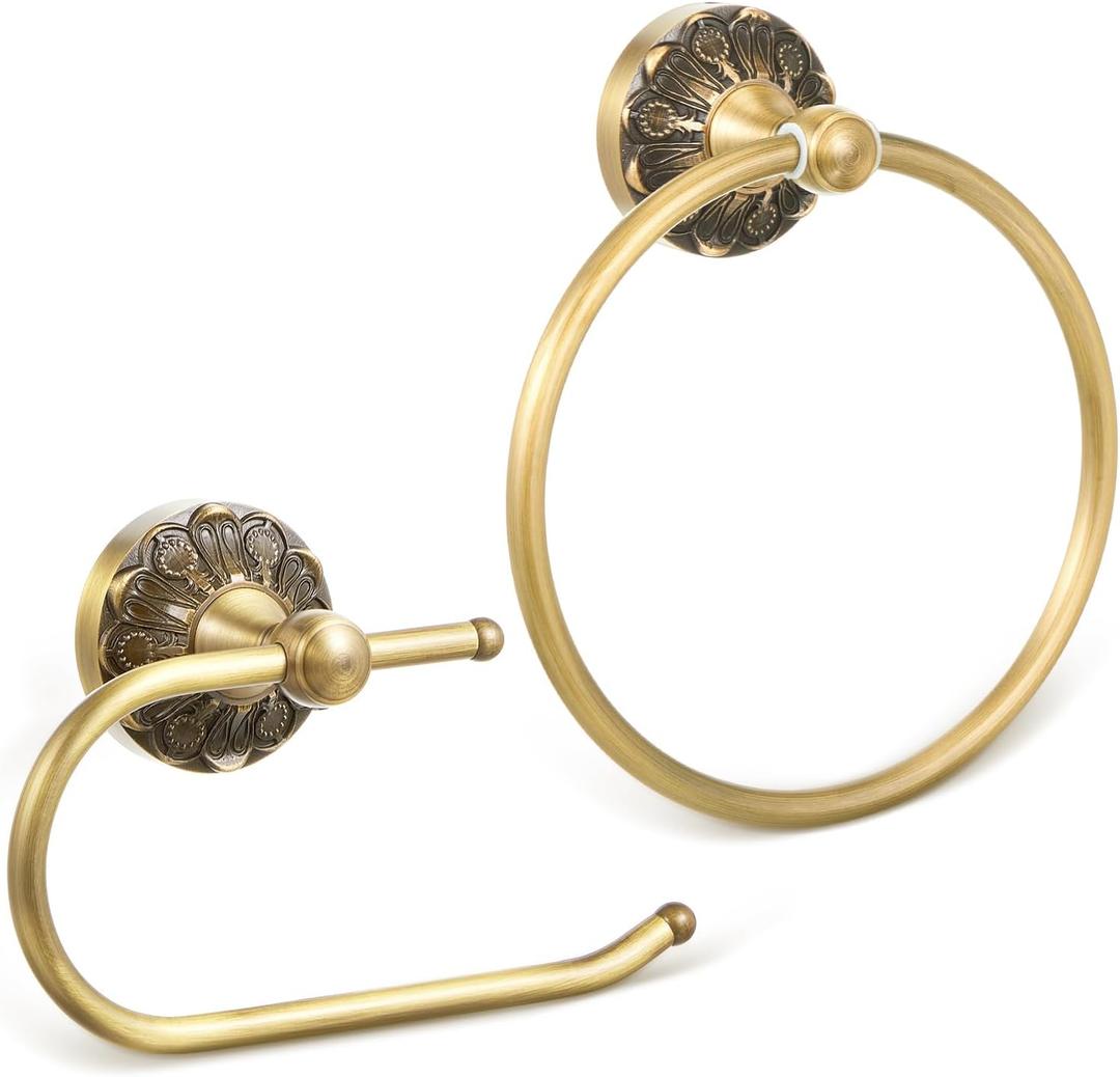 2 Pieces Set Antique Brass Toilet Paper Holder Retro Brass Hand Towel Ring Tissue Roll Paper Hanger Bathroom Hardware Wall Mounted Vintage Bathroom Accessories (Retro)