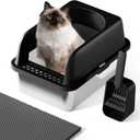 Stainless Steel Cat Litter Box with Lid, 20" L x 14.2" W x11.8 H, Large Cat Litter Box for Multiple Cats with High Sided, No-Leak & Stick, Easy to Clean, Includes Litter Mat & Multi Functional Scoop