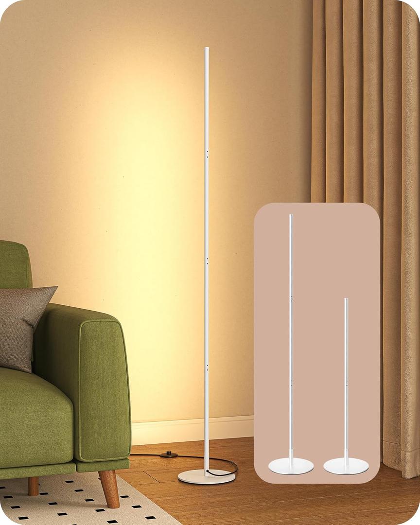 EDISHINE LED Corner Floor Lamp, 57.5" Minimalist Dimmable Sleek Light, Adjustable Height, Tall Floor Lamps for Living Room, Bedroom, Office, 3000K Warm White Light, White