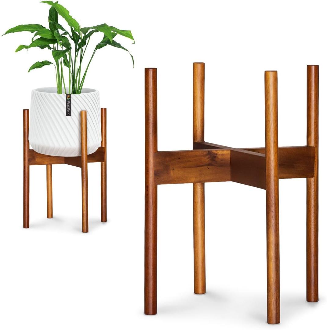 Fox & Fern Mid Century Plant Stand  10 Inch Fixed Size Wooden Plant Stand for Indoor Planters (Not Included) - Raised Flower Pot Holder for Indoors - Plug In Design - Two Height Options - Acacia