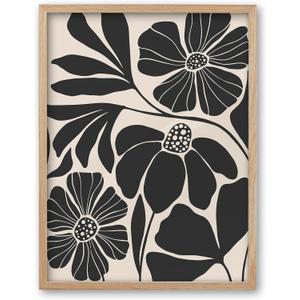 iHery Natural OAK Wood Abstract Botanical Framed Wall Art, 12x16 in Beige Black Flower Canvas Wall Art Modern Mid Century Botanical Neutral Wall Decor Set of 1 For Bedroom Living Room