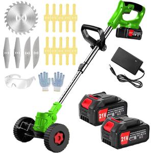 Electric Weed Wacker 21V Electric Weed Cordless Eater with 2pcs Batteries and 3 Types Blades&Auxiliary Wheel Weed Trimmer Lightweight 3 in 1 Stringless Grass Trimmer Edger/Brush Cutter for Lawn