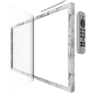 White Marble Frame with Magnet for Echo Show 21, Screen Protector, Magnet Stylus Pen,Magnet Remote Control (White Marble)