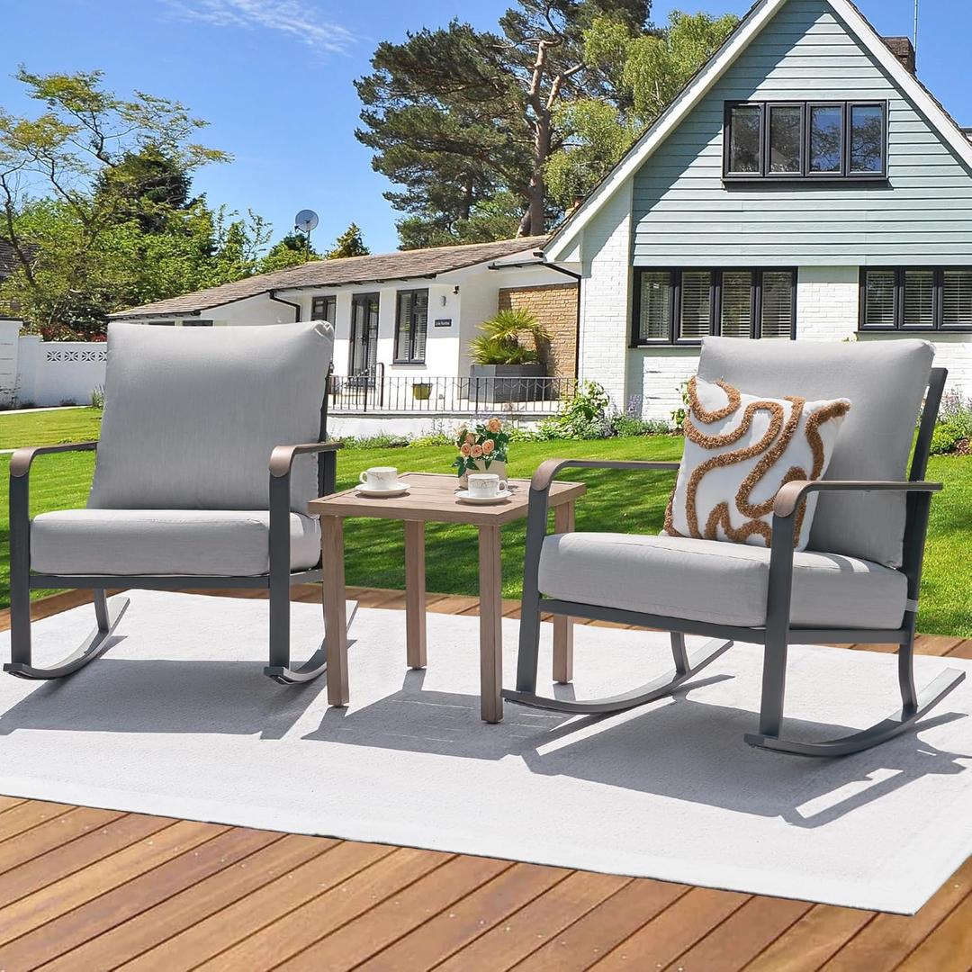 NATURAL EXPRESSIONS Glider Rocking Chair Bistro Set, 3 Pieces Outdoor Patio Furniture Conversation Set with 2 Rocker Chairs, 1 Table and Thick Cushions for Backyard, Porch, Balcony, 350lbs, Grey.