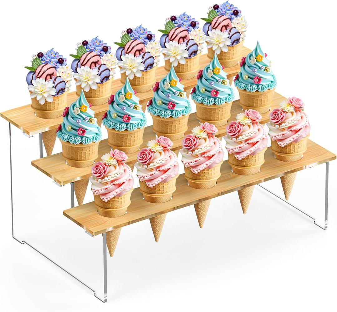 Ice Cream Cone Holder, 3-Tier Acrylic Ice Cream Stand, Waffle Cone Displaying Stand for Kids Party, Birthday, Wedding