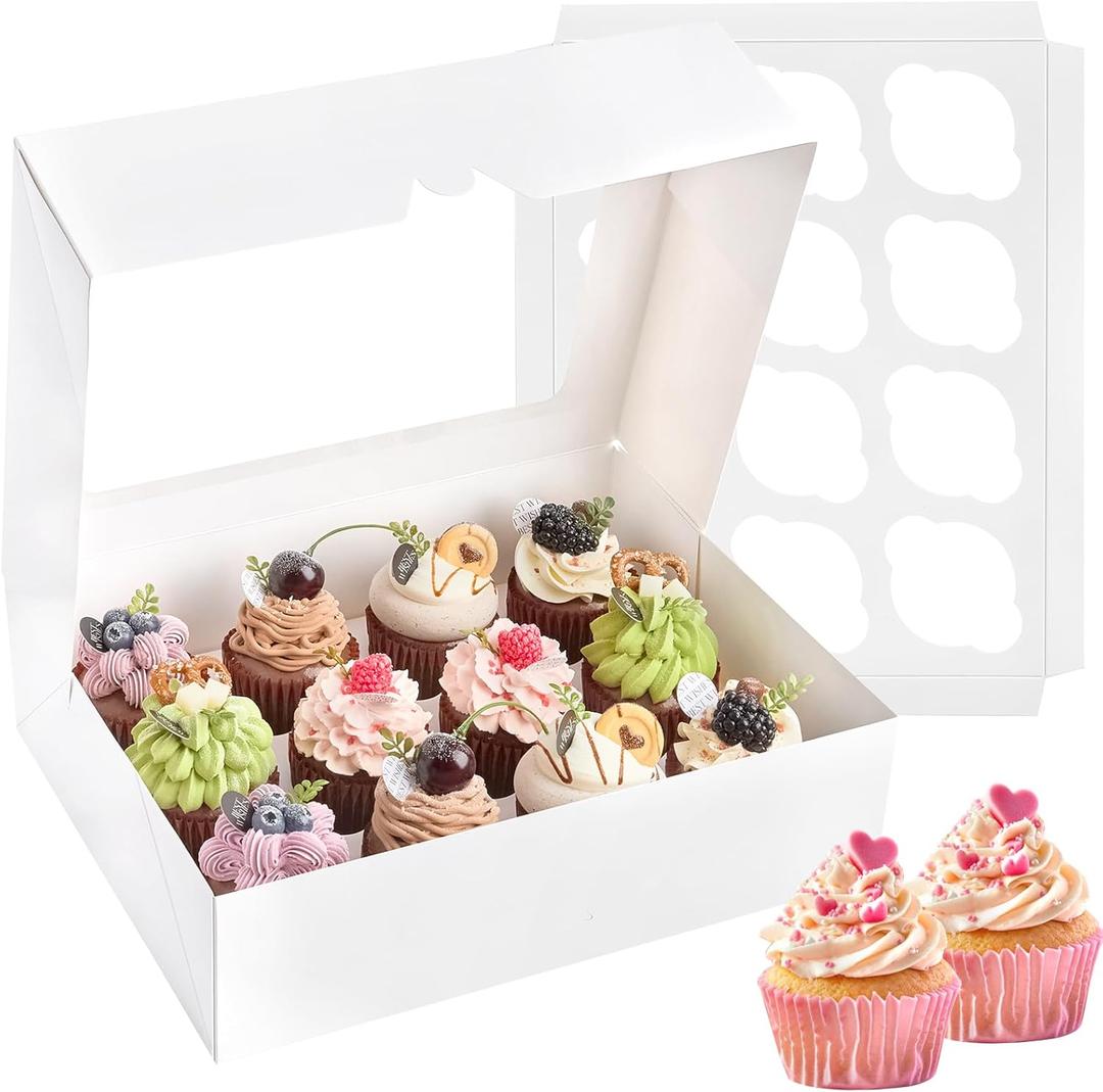 Kucoele 12 Count Cupcake Boxes, 6 Pack White Cupcake Containers with Windows and Inserts, Disposable Cupcake Carriers for Muffins, Treats, Pastries, 13 x 10 x 4 Inches