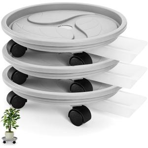 3 Pack Plant Caddy with Wheels, 12 Inch Heavy Duty Planter Pallet with Drainage Tray, Round Planter Pot Stand Dolly Casters Rolling Mover for Indoor Outdoor, Garden, Balcony