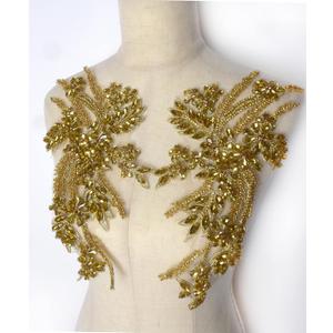 Hand-Made Beaded Rhinestons DIY Clothing Appliques Patch,Beaded Applique for Wedding Dress Decoration, Gold Flower Applique by Pair