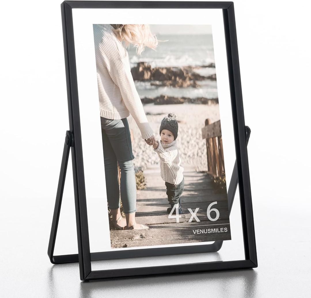 Floating Frame Floating Picture Frames, 4x6 Double Real Glass Metal Photo Frame with Pull-Out Easel Stand for Wall Vertical Tabletop Display, Home, Office, Photo Gallery, Wall Art, Wedding Decoration (Matte Black)