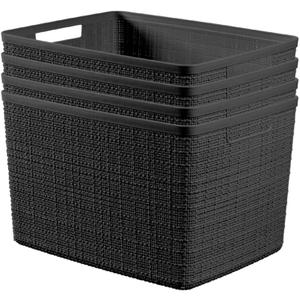 Curver Jute Large Decorative Plastic Organization and Storage Baskets, Perfect Bins for Home Office, Closet Shelves, Kitchen Pantry and All Bedroom Essentials, Pack of 4, Black