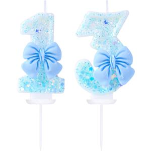 13 Birthday Candles Blue Bow Number 13 Cake Candles, 13th Cake Topper Decorations for Kids Pets Pastel Birthday Party Supplies (Number 13)