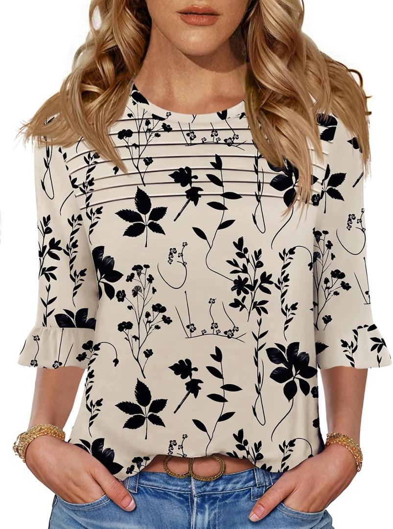 Blingfit 3/4 Length Sleeve Shirts for Womens Pleated Summer Tops 2025 Ruffle Bell Sleeve Fasion Trendy Spring Blouses (XX-Large, B-maple Leaf Black Flower)