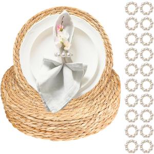 20 Pcs 12 Inch Round Woven Placemats with 20pcs Pearl Napkin RingsRattan Placemats Bulk Boho Woven Chargers Natural Water Hyacinth Place Mat for Wedding Party, Dinner Table