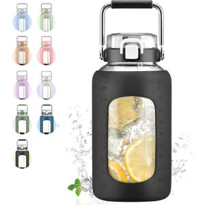 84oz Glass Water Bottle with Stainless Steel Handle,2.5L Gallon Water Bottle with 2-IN-1 Straw Lid, Silicone Sleeve and Motivational Capacity Marker, Wide Mouth Water Jug For Gym, Workout, Black